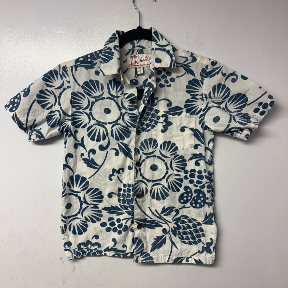Kahala Hawaiian Aloha Shirt Boys Youth M 8 Blue Floral Made in Hawaii CottonW